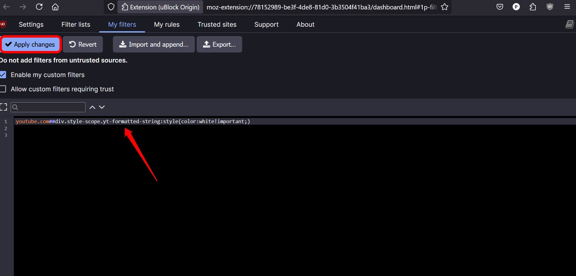 Установите пользовательский фильтр Ublock, чтобы изменить цвет текста в Firefox