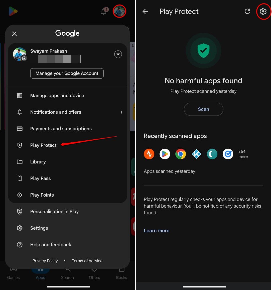 Доступ к настройкам Play Protect