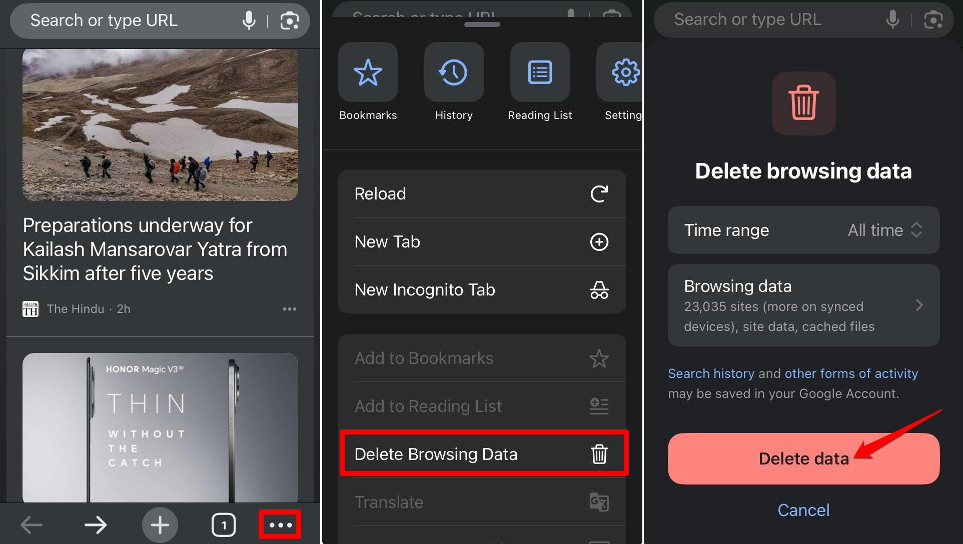 Удалить данные просмотра на Chrome IOS