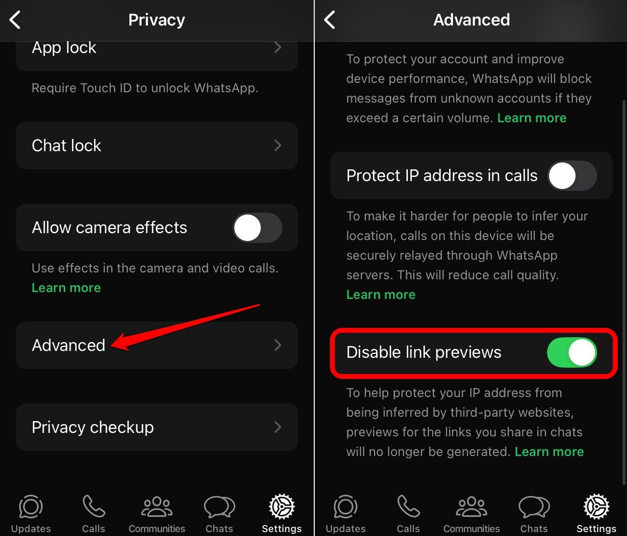 Отключить предварительный просмотр ссылок в WhatsApp iOS