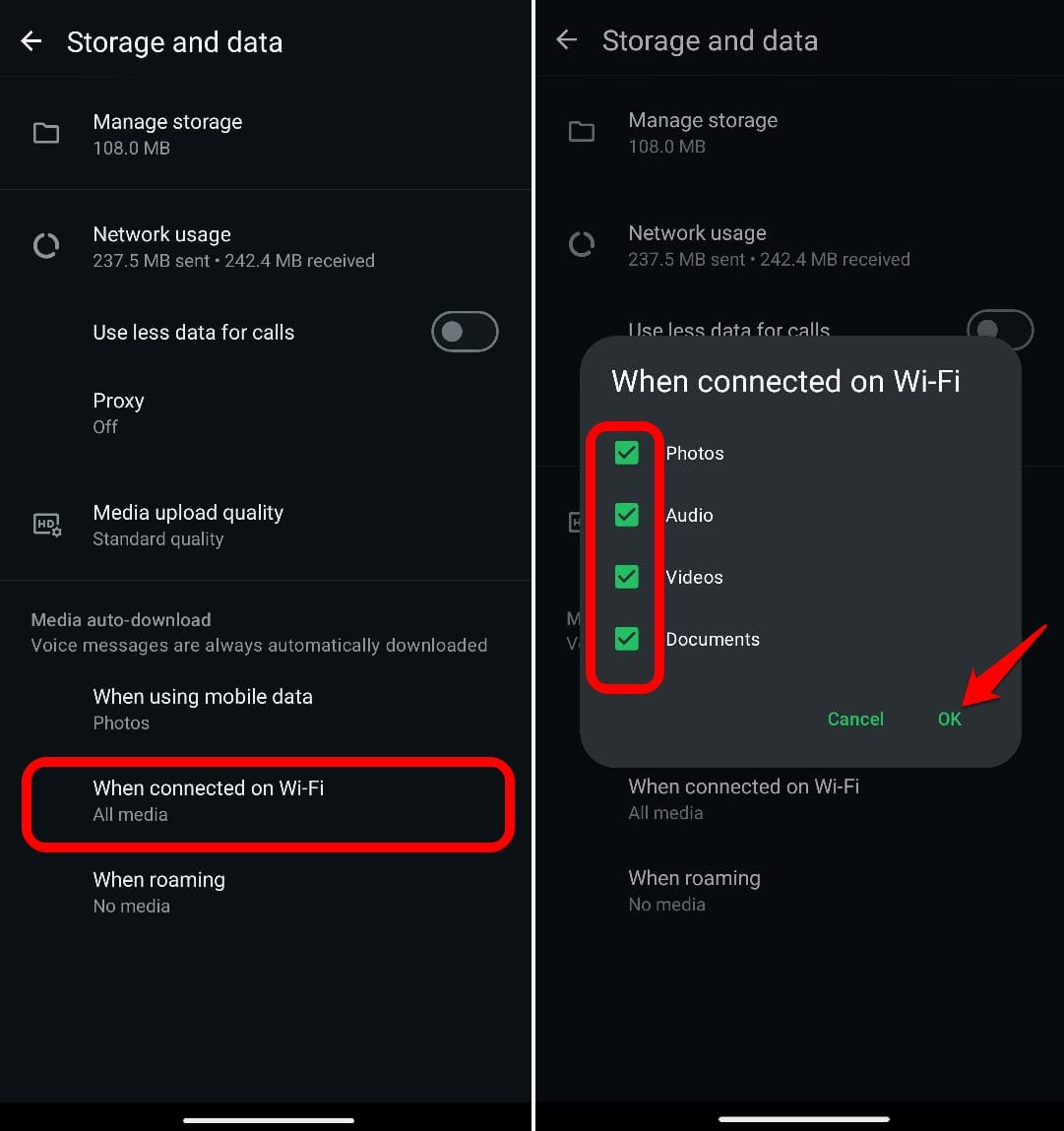 Включить WhatsApp Media Auto Download в Wi -Fi Network