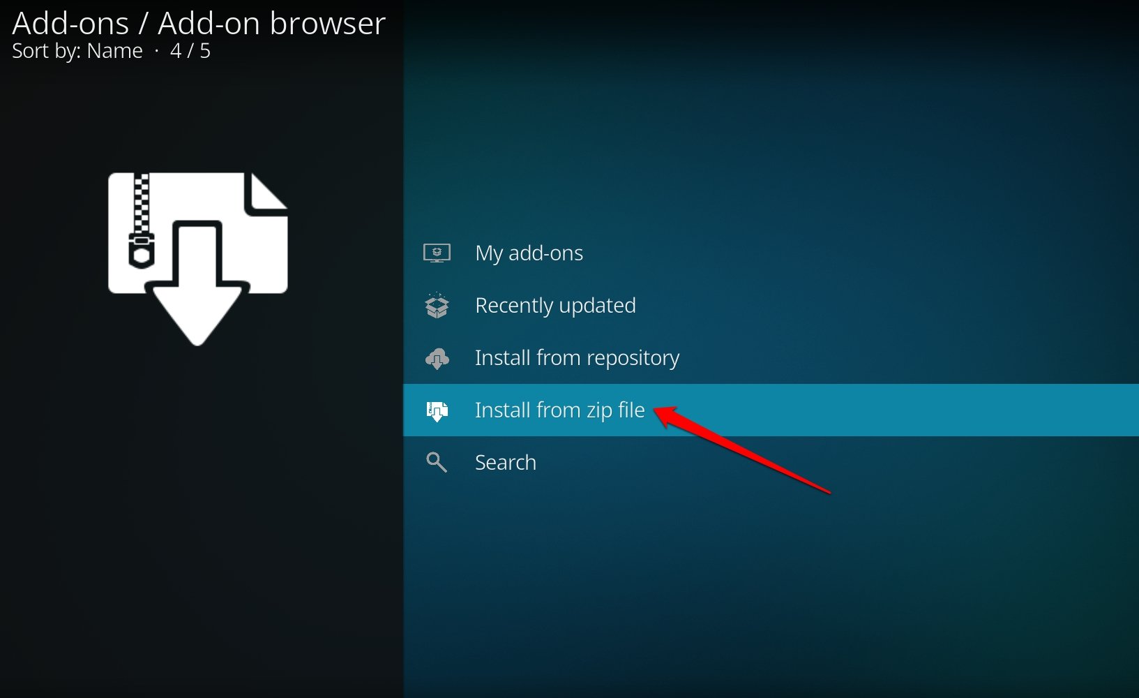 Установите Kodi Add on с zip file