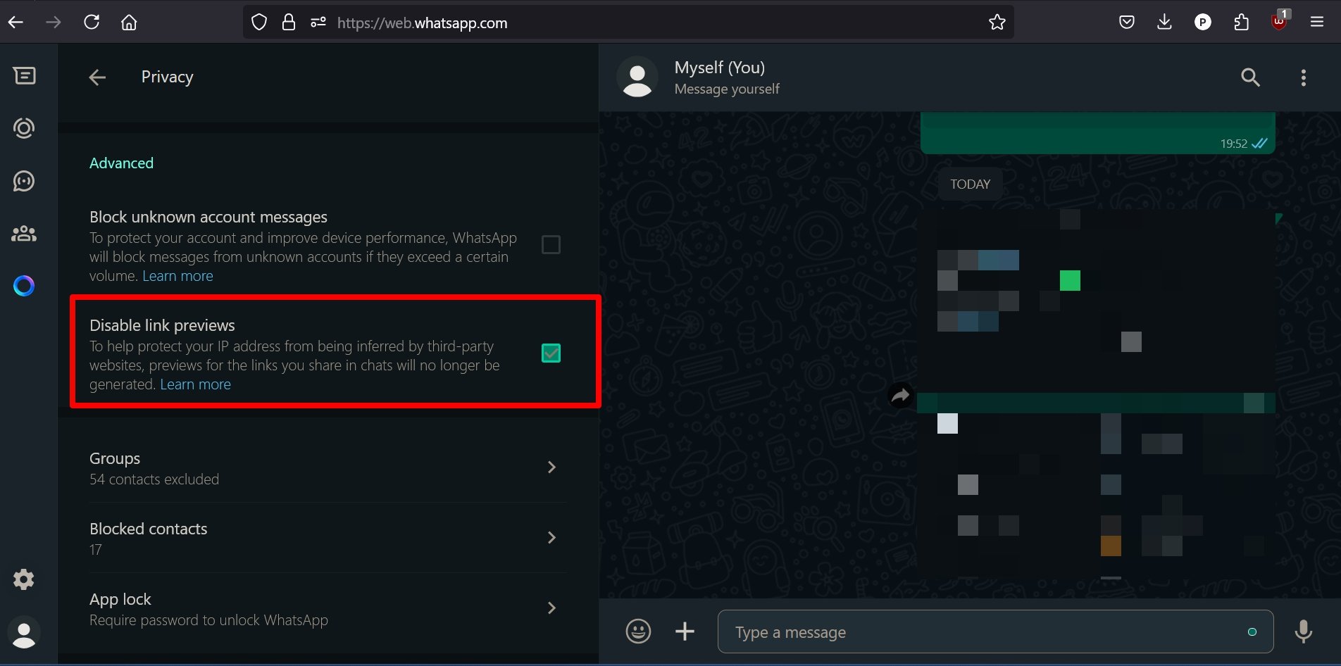 Выключить предварительные просмотра ссылки в WhatsApp Web