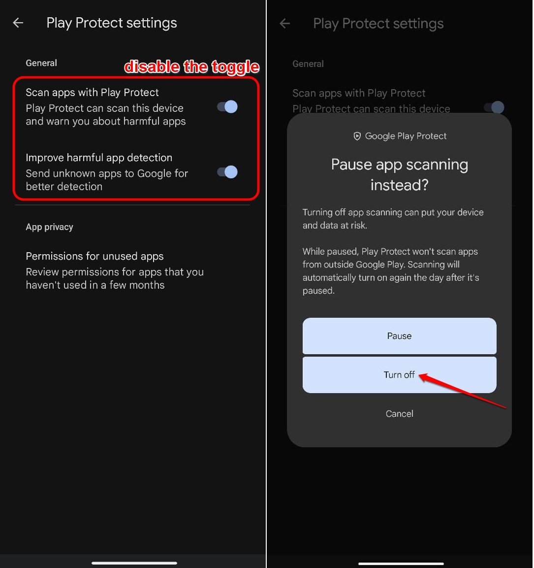 выключить Play Protect на Android 15