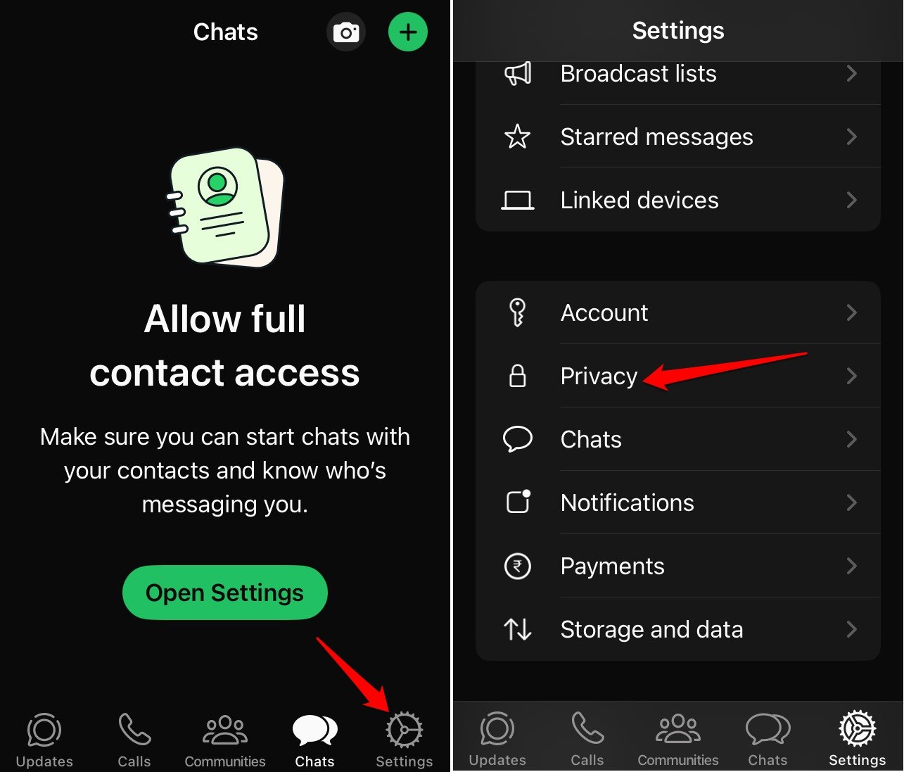 Управление конфиденциальностью iOS WhatsApp
