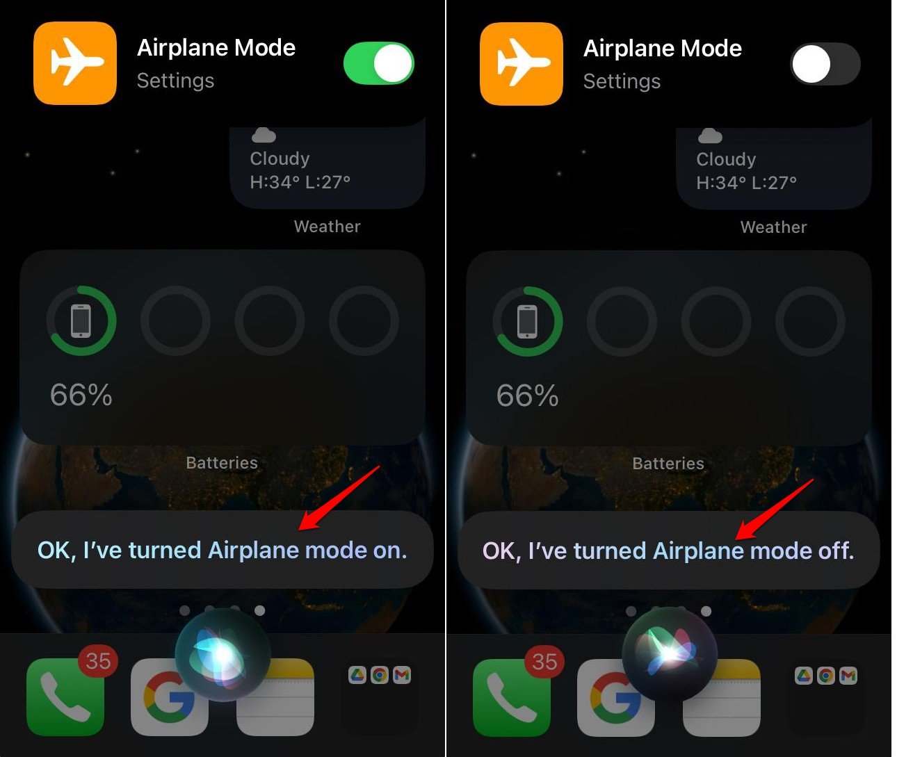 Включить режим полета на iPhone с помощью Siri