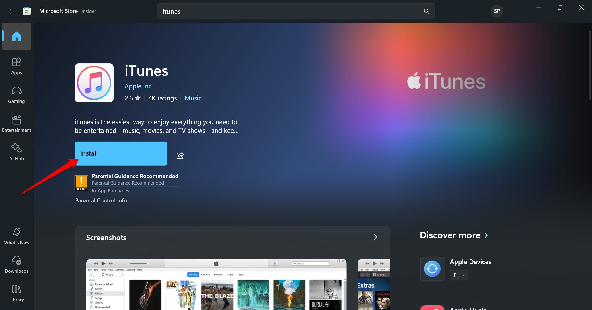 Установите iTunes из Microsoft Store
