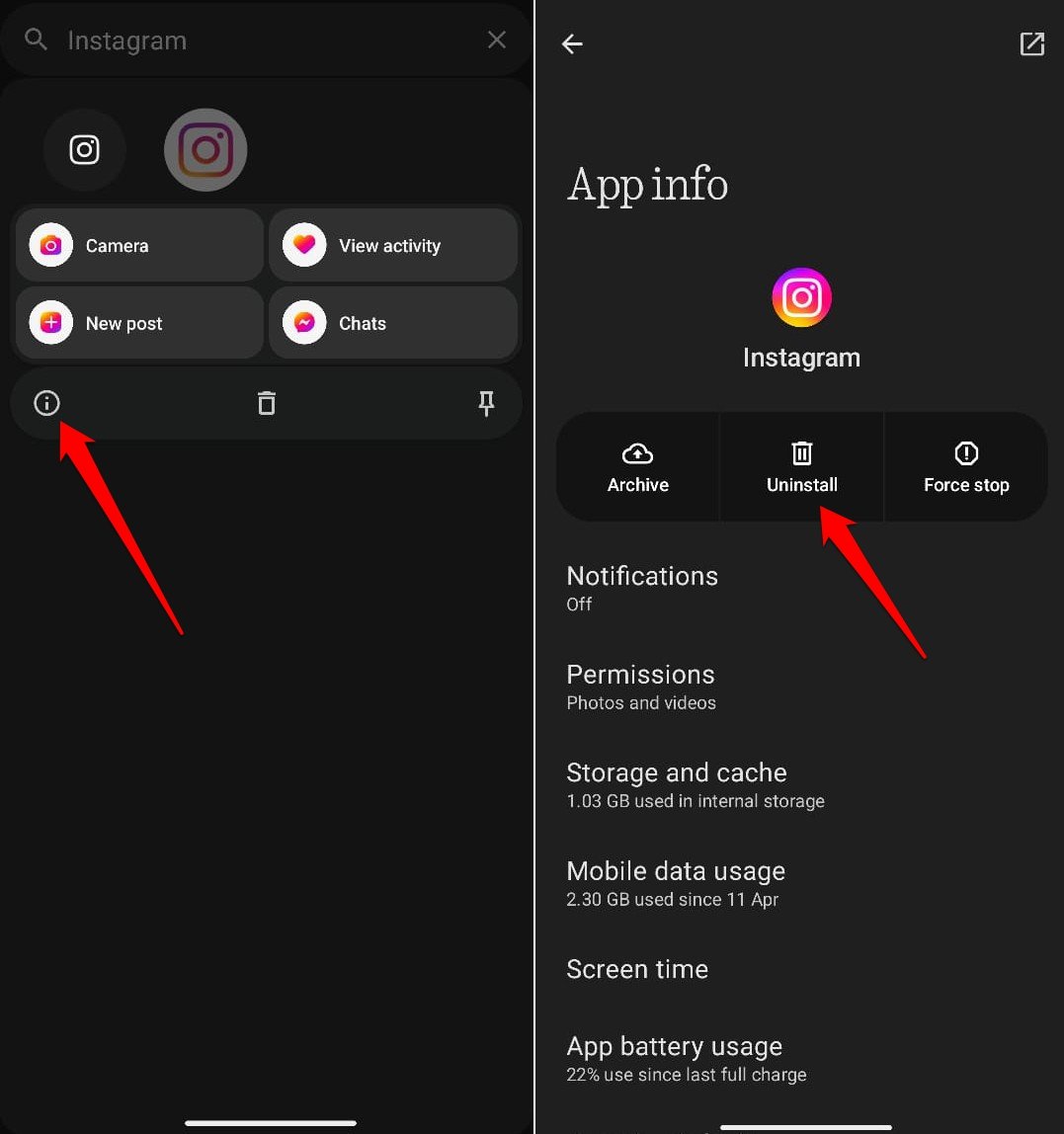удалить Instagram от Android