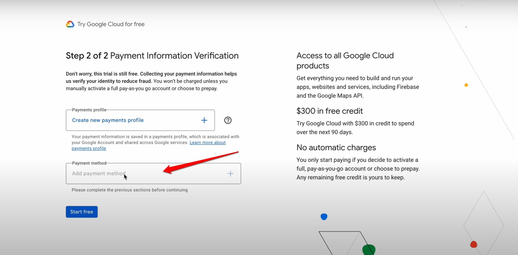 Добавить новый способ оплаты для Google Cloud