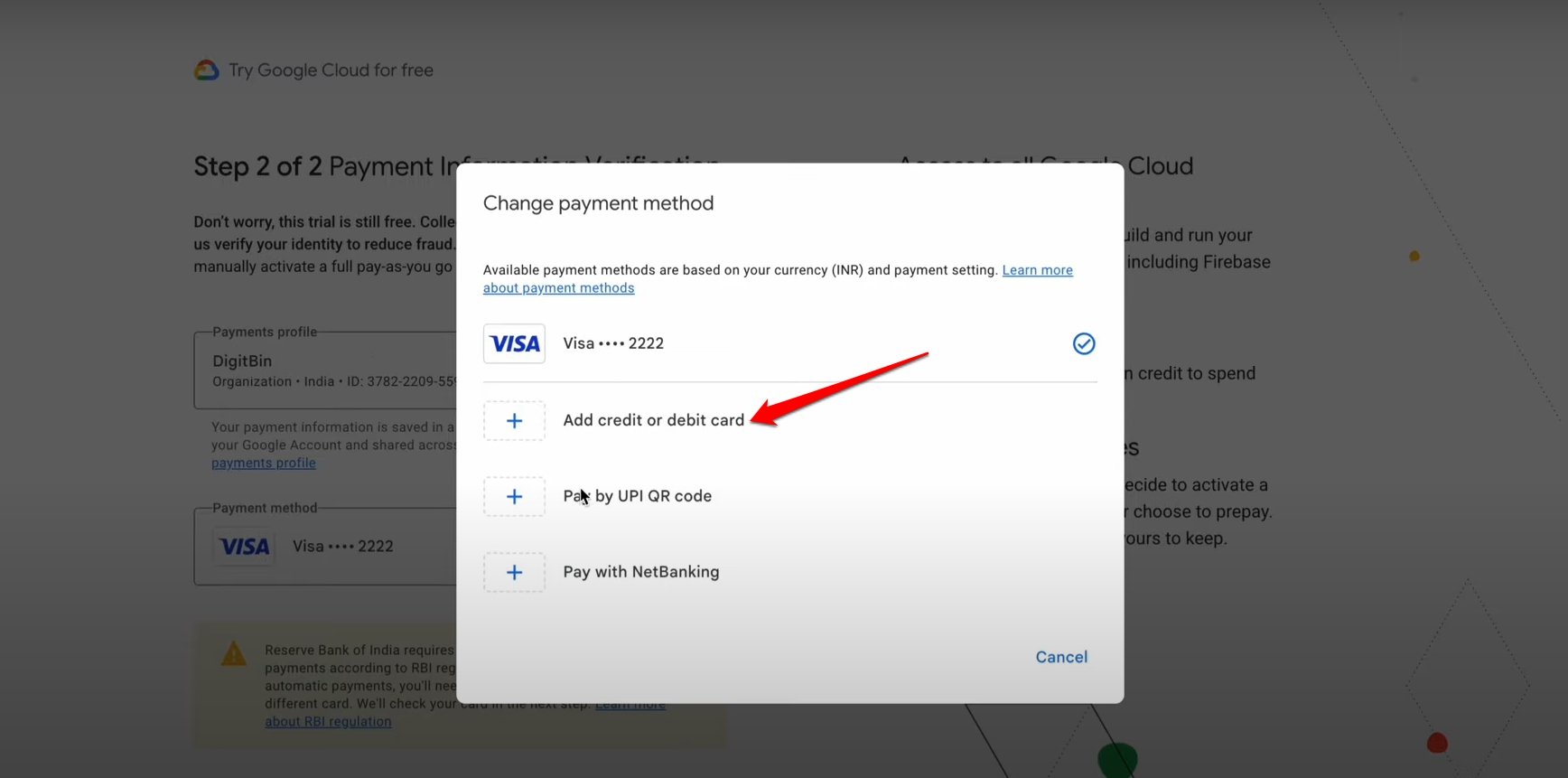 Добавить информацию о кредитной карте для Google Cloud