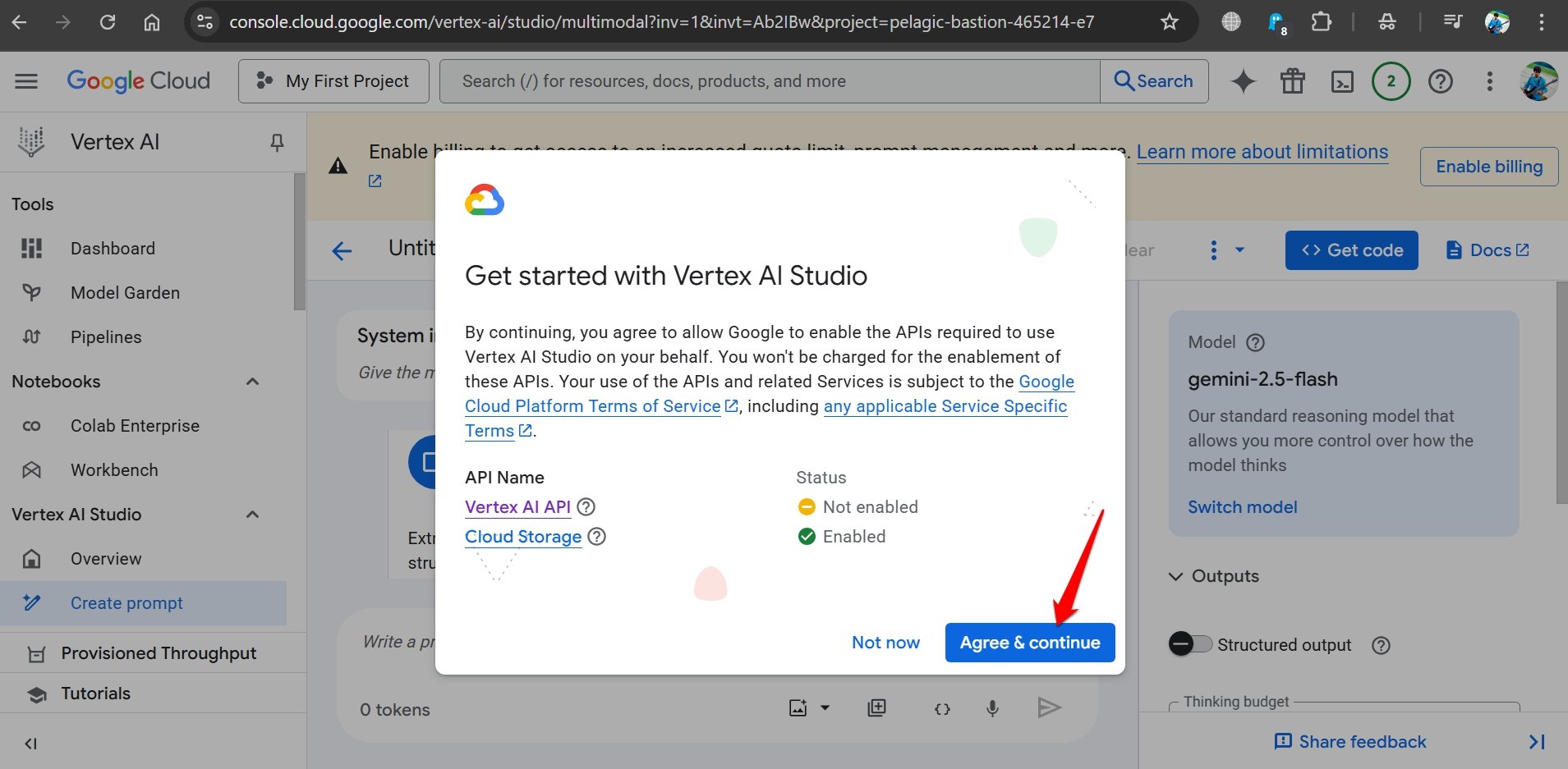Согласитесь и продолжайте после включения API Vertex AI