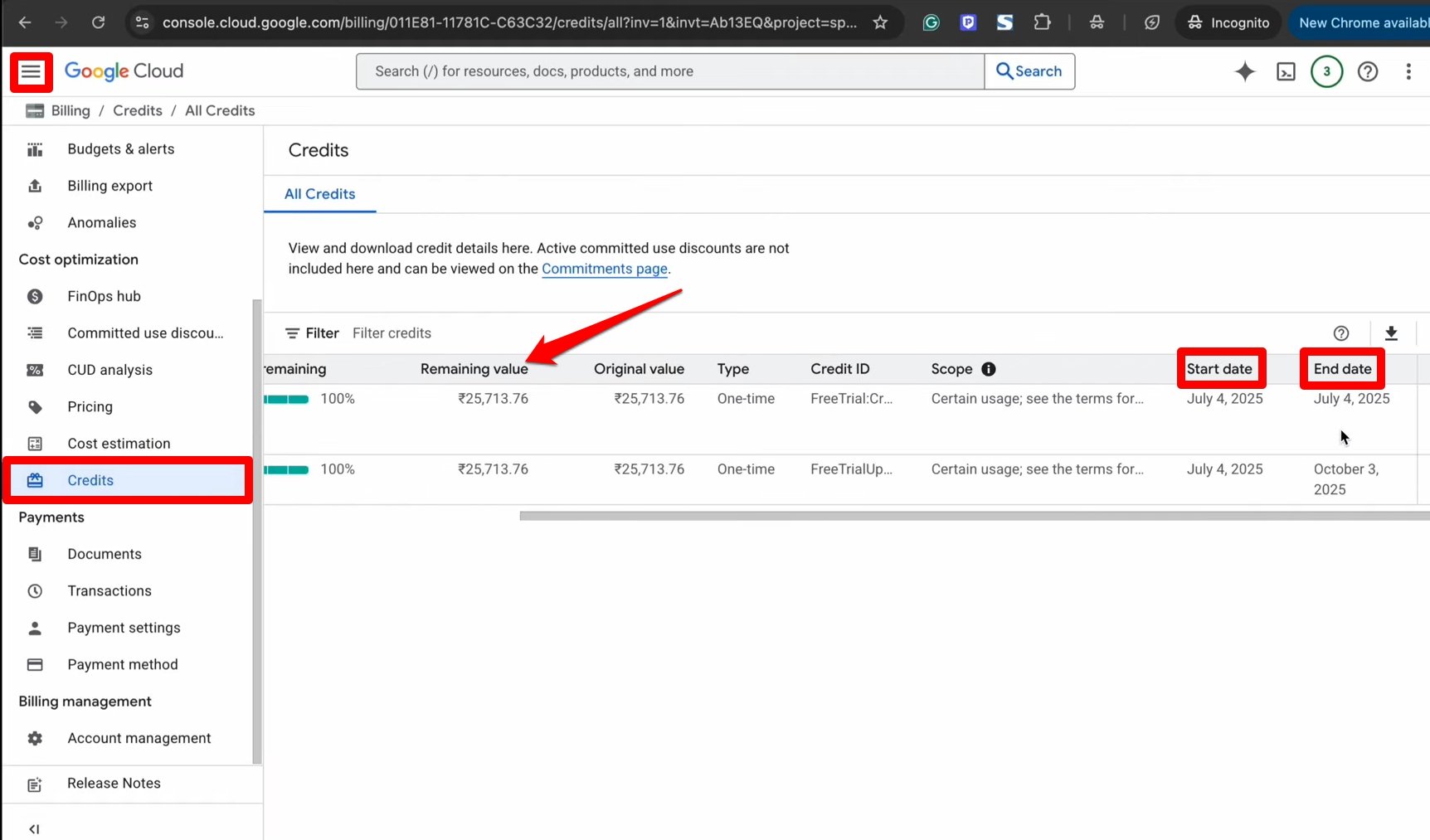 Проверьте статус кредита в Google Cloud