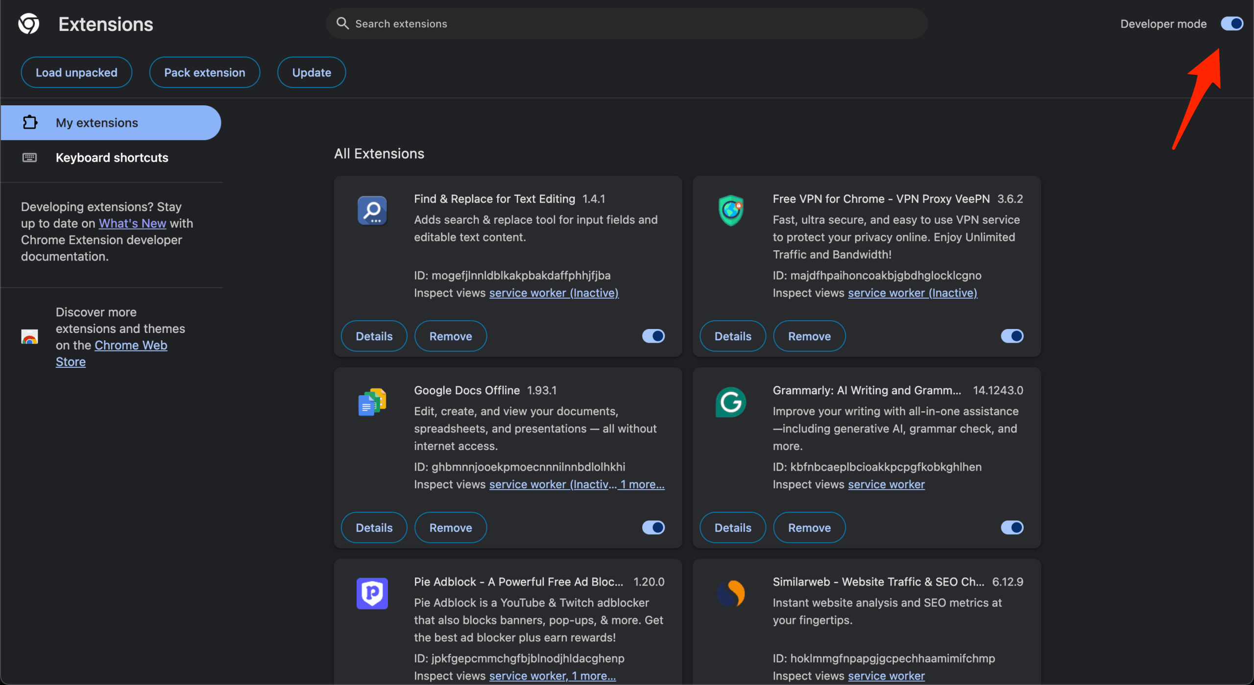 Страница Manager Chrome Extension, обязательно включите режим разработчика в правом верхнем углу