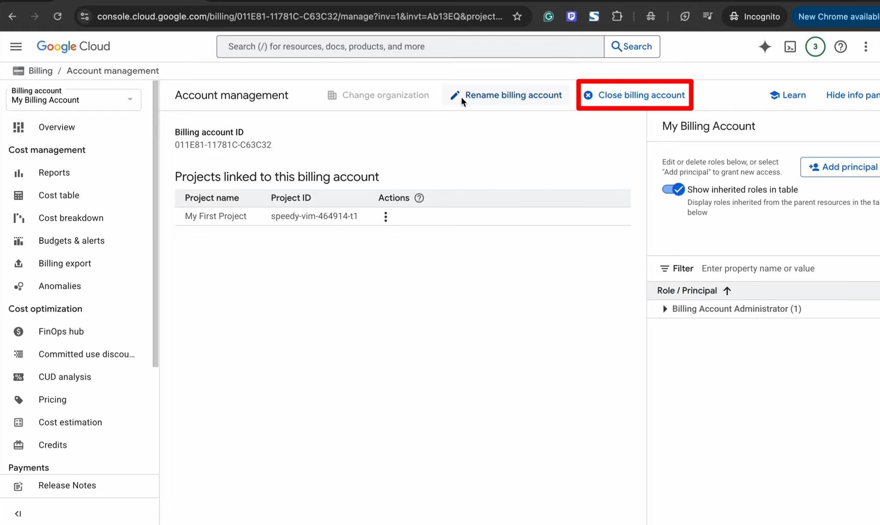 Закрыть учетную запись Google Cloud Billing