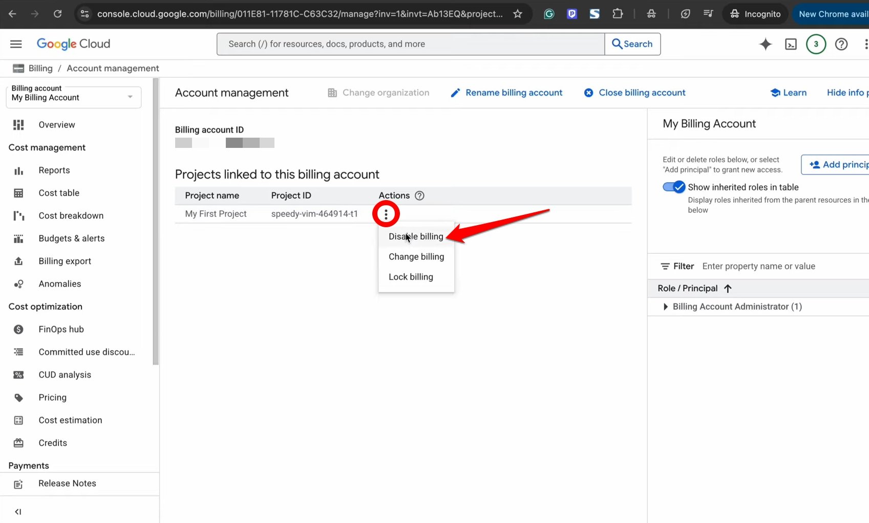 Отключить биллинг Google Cloud