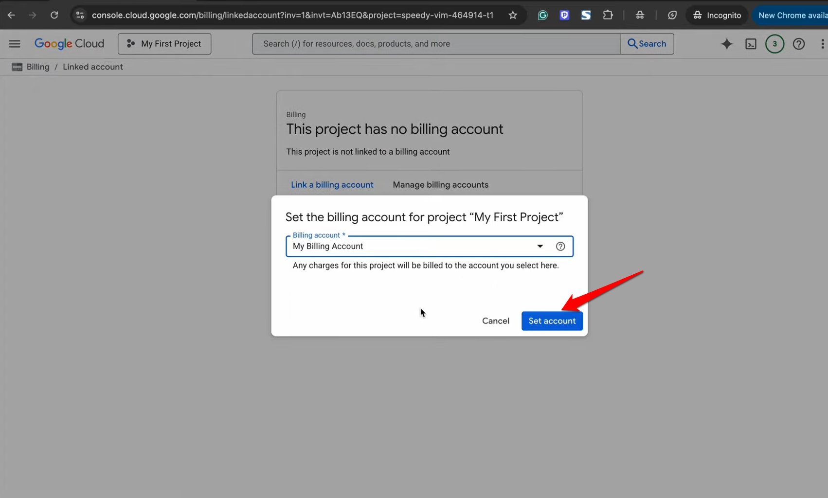 повторно включить учетную запись Google Cloud Billing