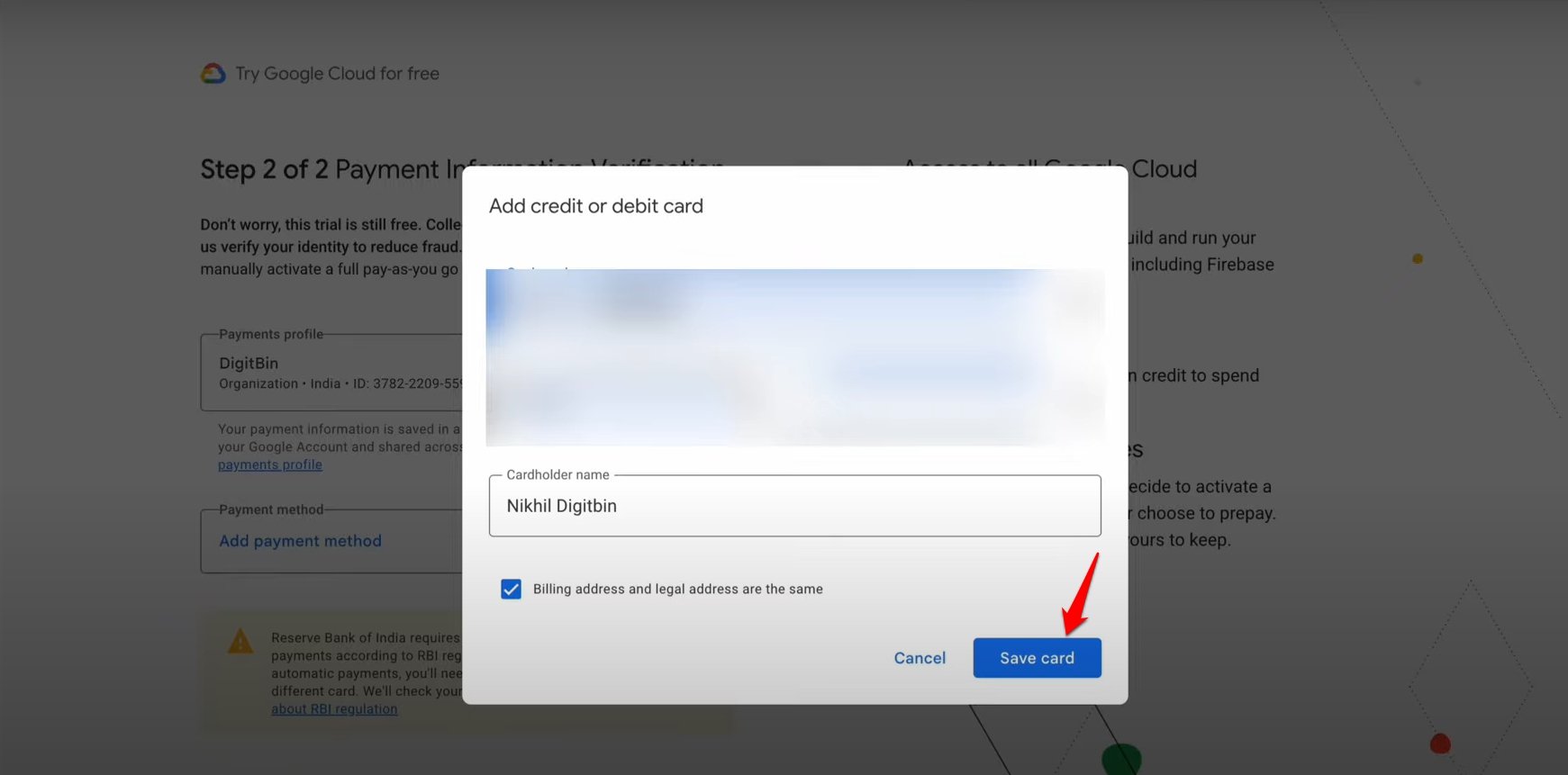Сохранить метод оплаты карты для Google Cloud
